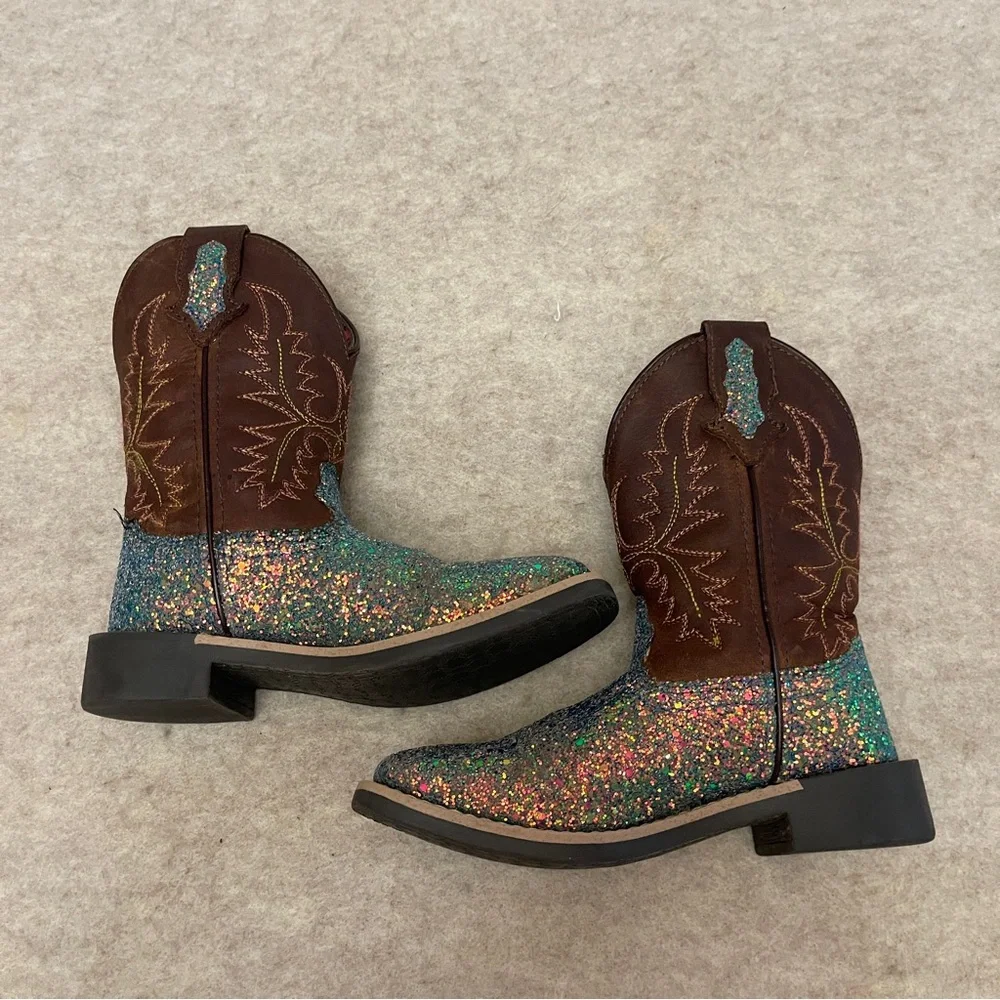 Shyanne Glitter Blue Teal Brown Square Toe Western Cowgirl Boots Girls Size 12